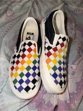 Vans Slip-On Checkerboard Sneakers in Rainbow and Black